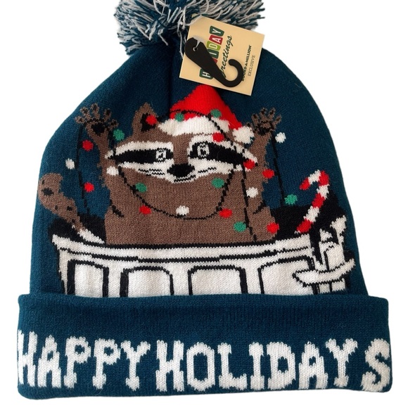 Books-A-Million Happy Holidays raccoon trash can winter beanie acrylic - Picture 2 of 9
